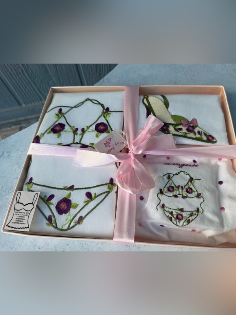 Vintage Lily Juliet Embroidered Floral Lingerie Set with Pink Ribbon